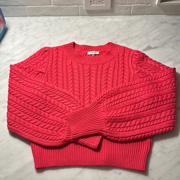 Pink cable knit sweater, slight poof in shoulder. - Picture 2 of 5